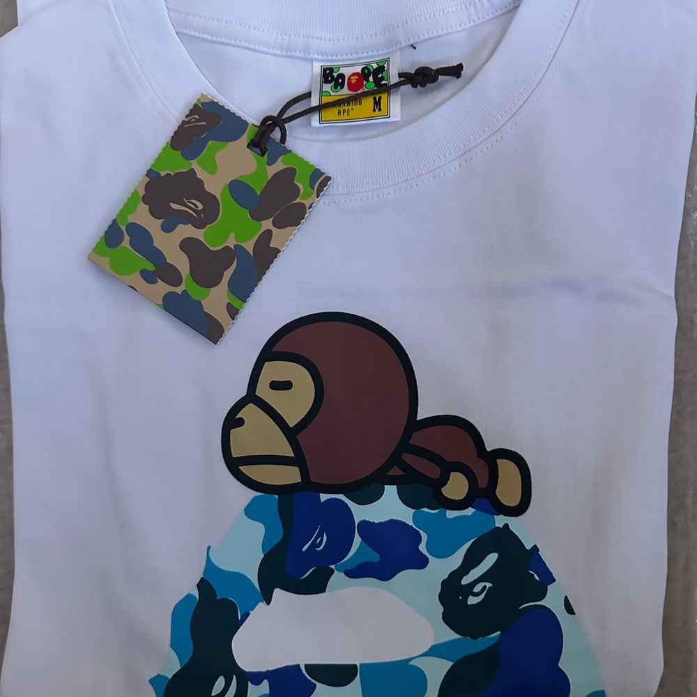 Bape White Tee with Green and Blue Camo Tag - Picture 3 of 8